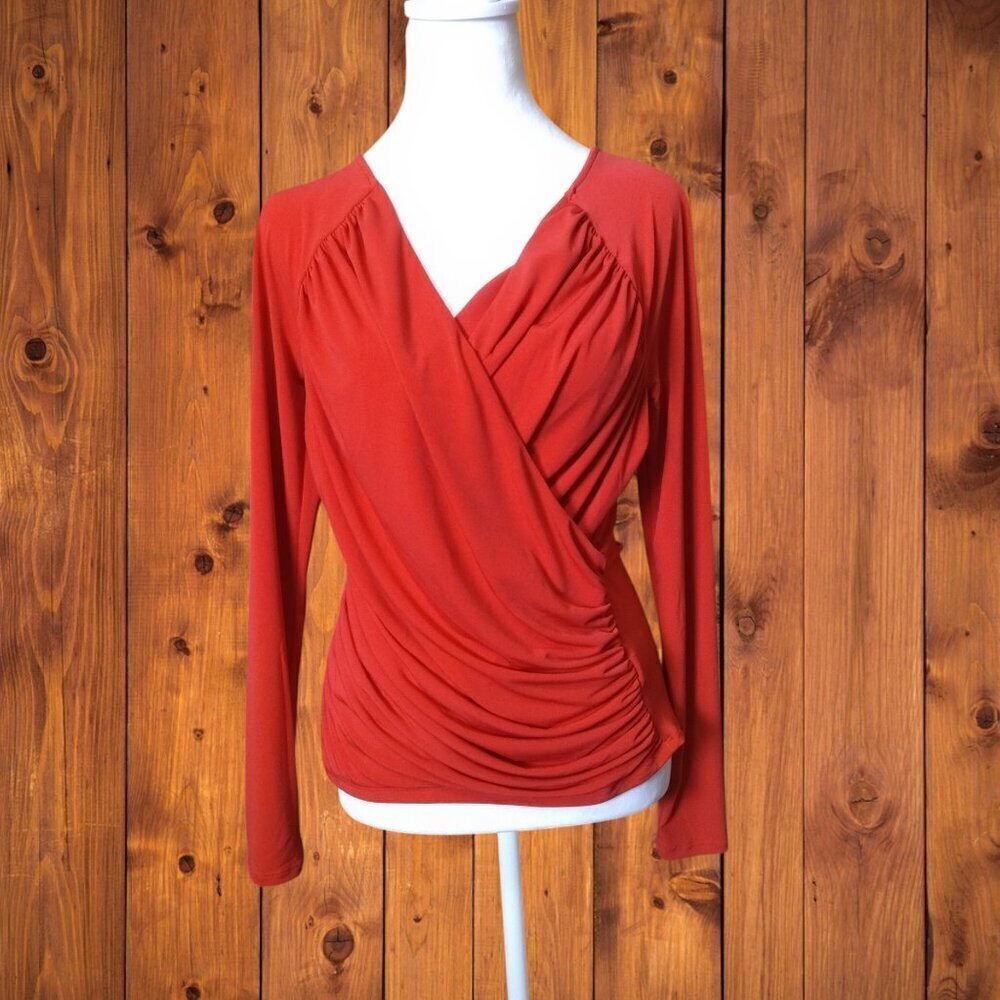 Bold Elements Red Long Sleeve Faux Wrap Ruched Pullover Blouse Size Small